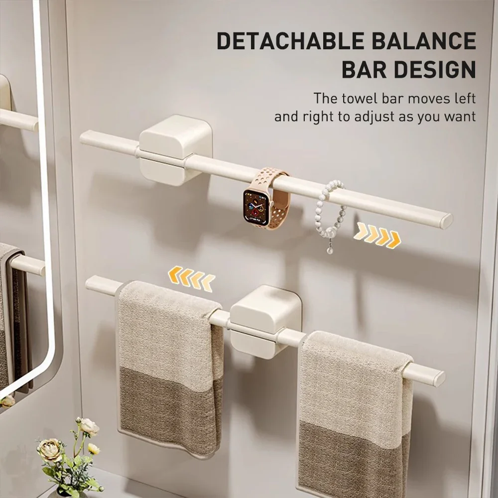 

Cream White Bathroom Towel Bar Hanging Pole Balance Bar Gadgets Single Rod Towel Holder No Hole Wall Mount Towel Shelf
