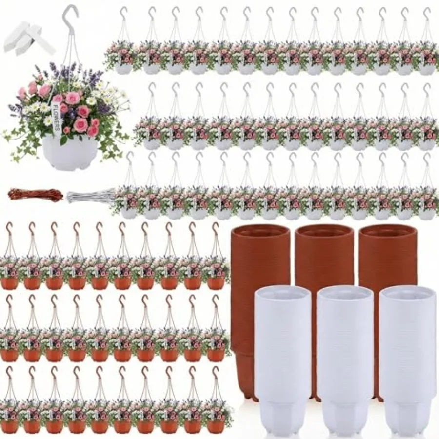 200 Pack 5.1 Inch Plastic Hanging Pots for Indoor Outdoor Plants, Garden, Greenhouse Brown and White, with Hooks, Drainage, Lab