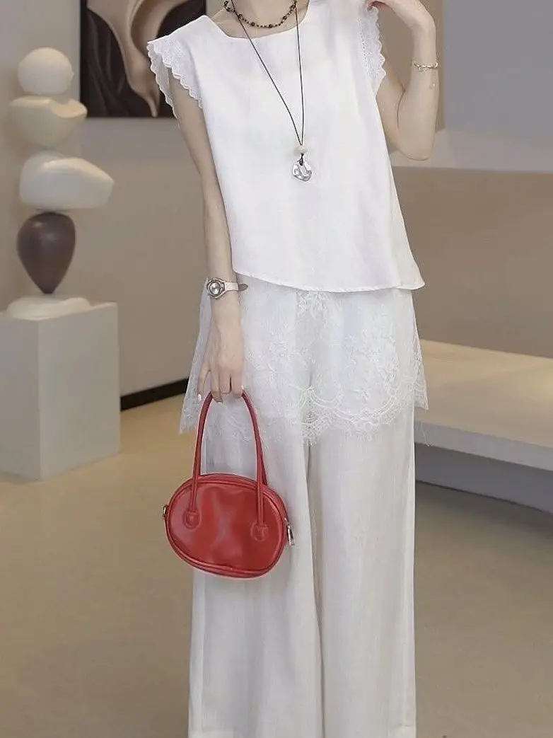 2026 Old Money Style Lace Splice  Linen Top Wide Leg Pants Slimming Two Piece Set Fashionable Women's Autumn Winter Ens...