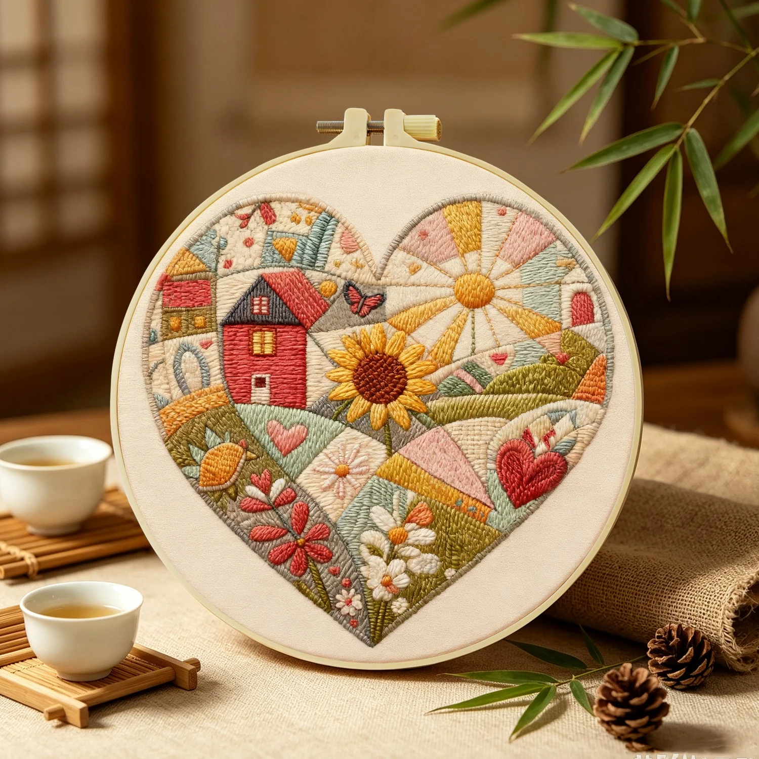 1Set Patchwork Heart Home Diy Embroidery Kit For Beginner Embroide Starter Kit Cross Stitch Art Gift Needlework Craft