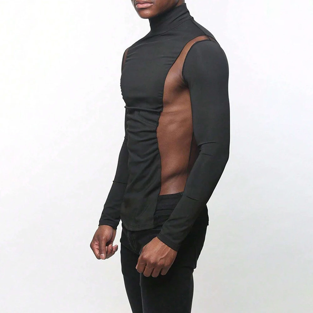 Mens Sexy Tight-Fitting Sports Fitness Mesh Long-Sleeved Tops Autumn Nightclubs Perspective Stitching Stretch Turtleneck Tops