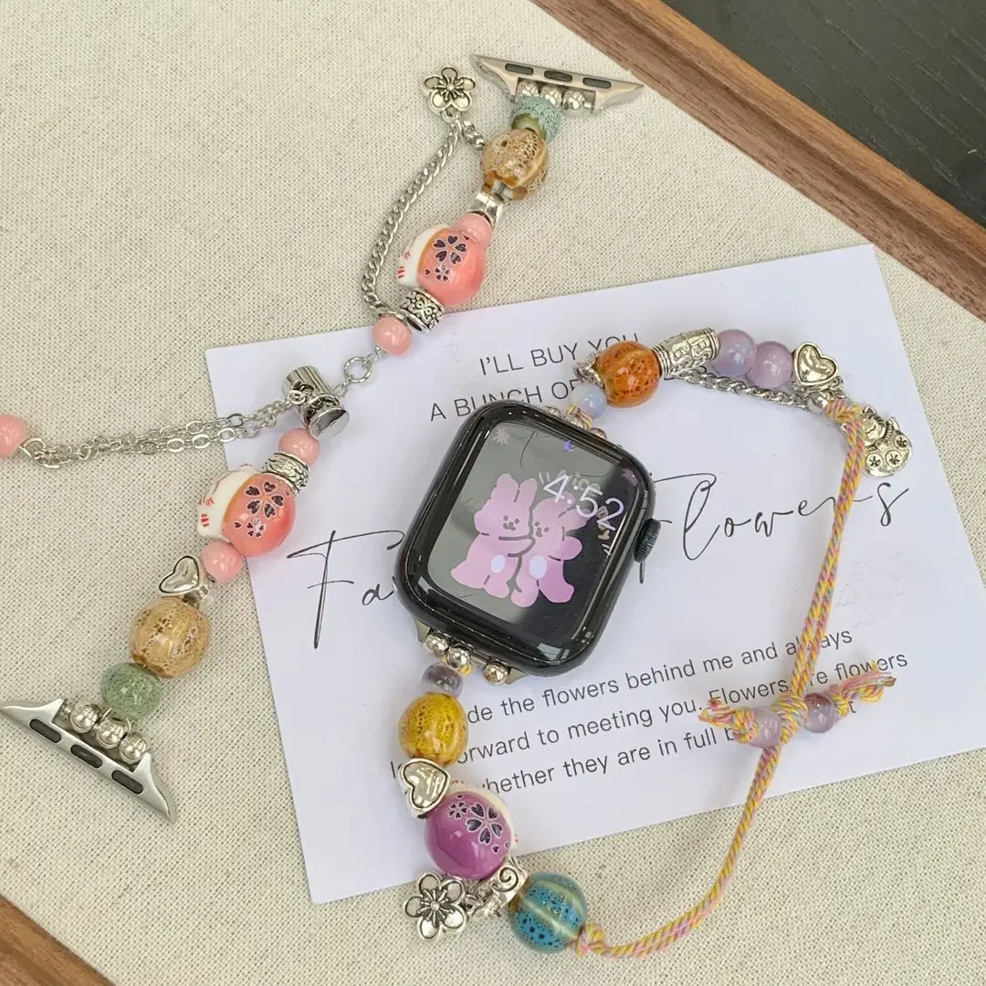 Bohemian bead bracelet compatible with iWatch strap 38mm 40mm 41mm 42mm 44mm 45mm 49mm for women, fashionable handmade elastic s