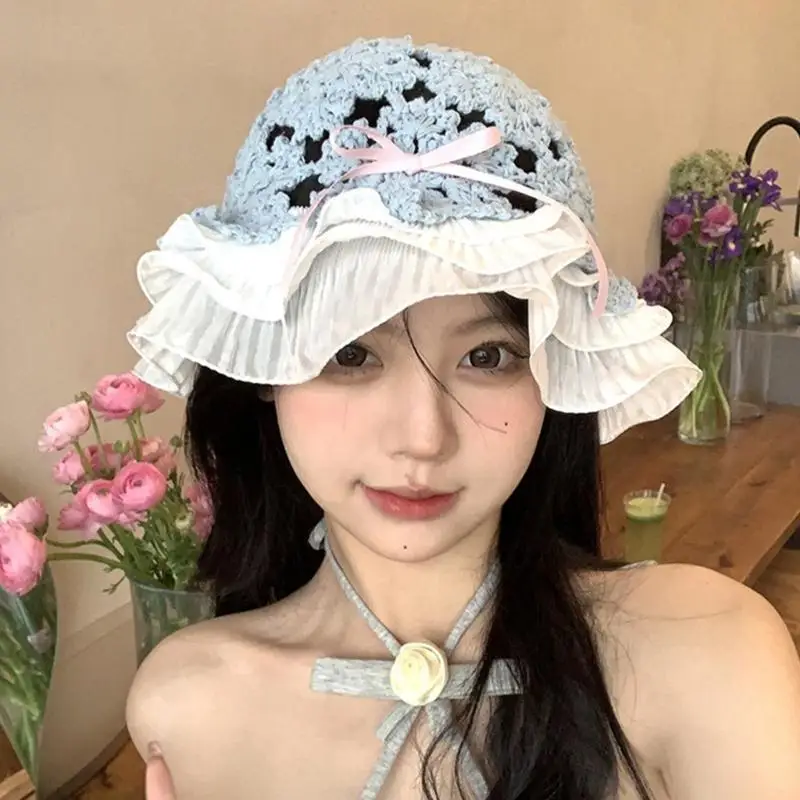 

39BB Crochet Bucket Hat with Pleated Trim Knitted Sun Hat for Girls Camping Trip