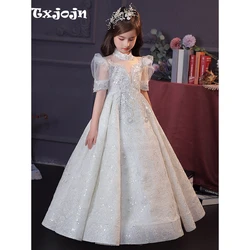 Graceful Sequined Puff Sleeve Prom Dresses For Girls Glitter Beadings High Collar A-line Princess Gown Piano Contest Performance