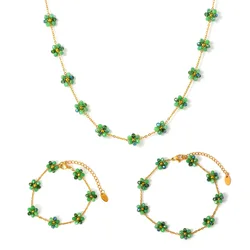 Colorful Glass Stone Beaded Flower Pendant Necklace Bracelet Anklet Set Women's Stainless Steel Gold plated Chain Summer Jewelry