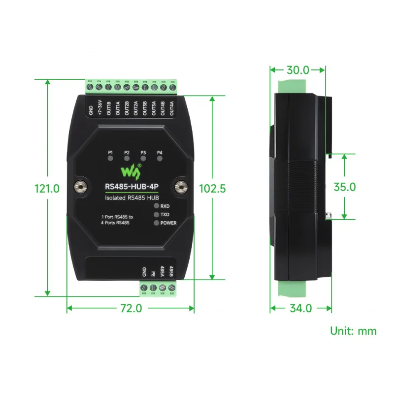 

SKU-32247 Waveshare Industrial-grade Isolated 4-Ch RS485 Hub, Rail-mount Support, Wide Baud Rate Range, Expands 4-ch RS485 Sub P