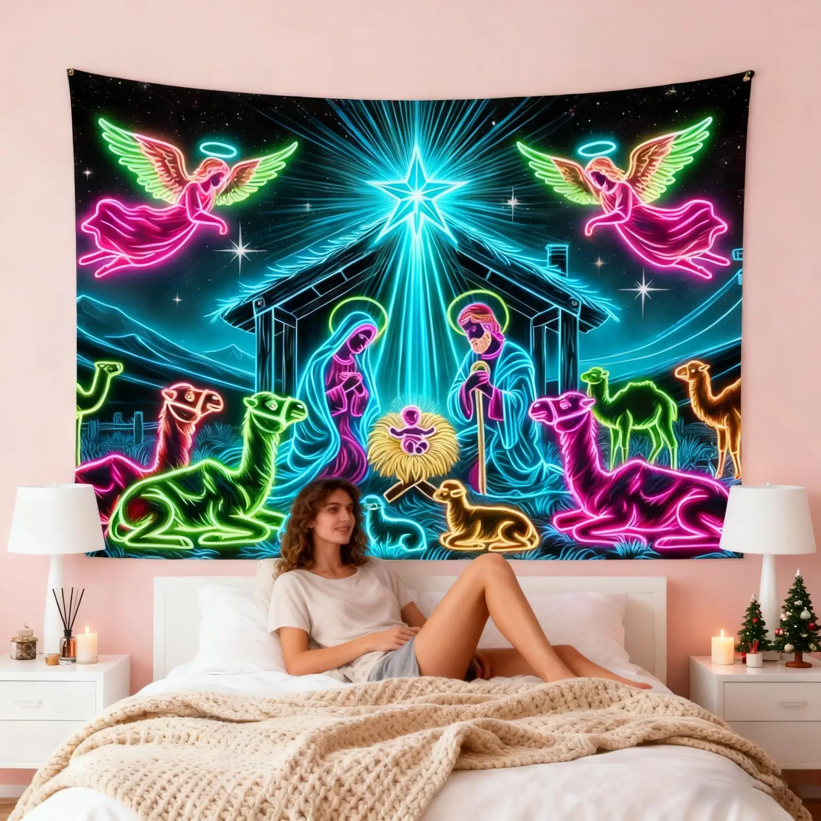 Nativity Tapestry Wall 6x7.5ft UV-Reactive Christmas Festive Decoration Glow In The Dark Festive Backdrop For College Students