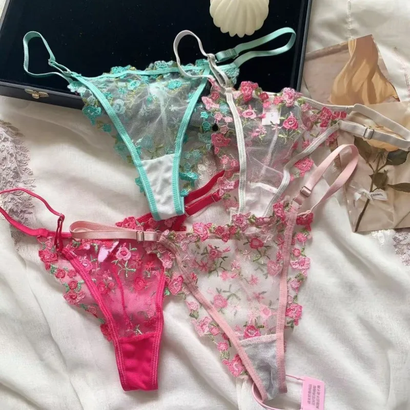 

New Japanese Sweet Pink Floral Embroidery Sexy Perspective Pure Desire Wind Mesh Underwear Triangle Pants Girl Birthday Gift