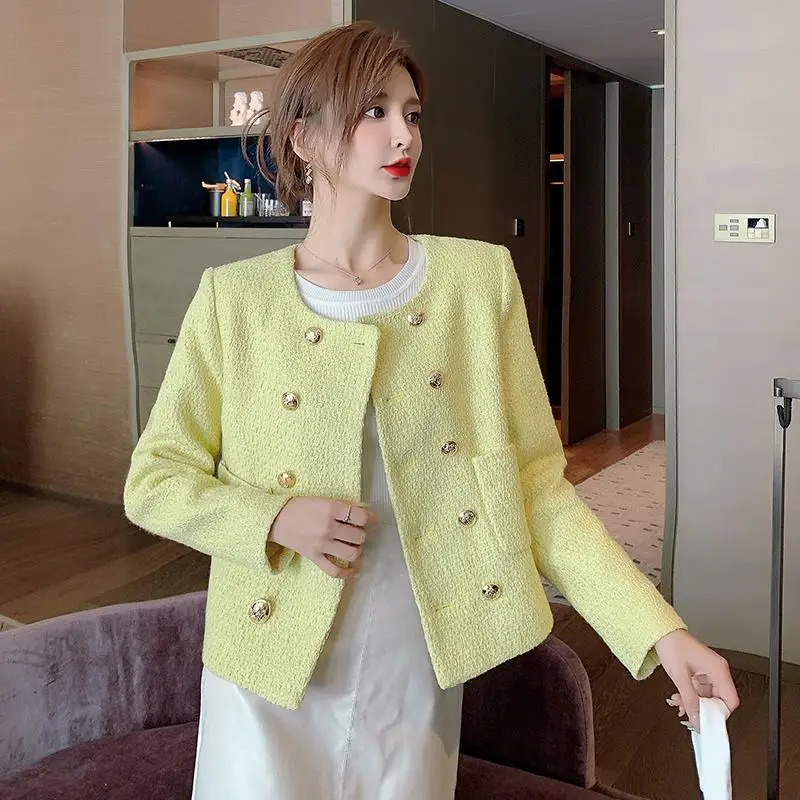 Yellow double breasted buckle tweed jacket for autumn/winter women's clothing, elegant retro classic jacket