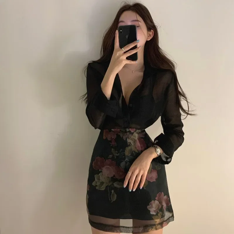 Korea Chic Elegante Frauen 2 Stück Sets Sexy Sehen-durch Lange ärmeln Shirt + Hohe Taille A-line Floral druck Rock Sets 2pc OL Anzüge