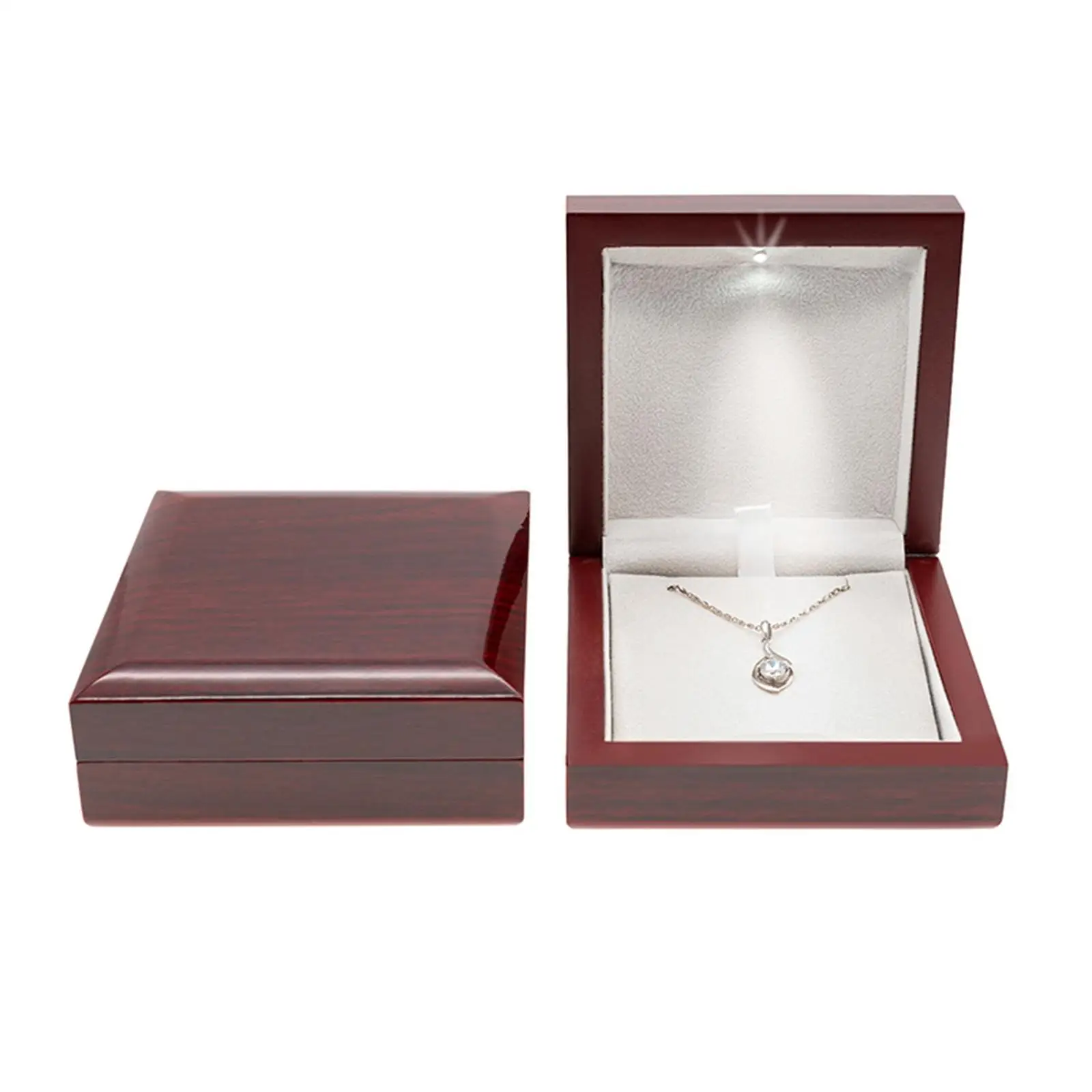 Wood LED Lighted Necklace Gift Box Trinket Organizer Soft Interior Square Packer Box Jewellery Display Case for Propose Birthday