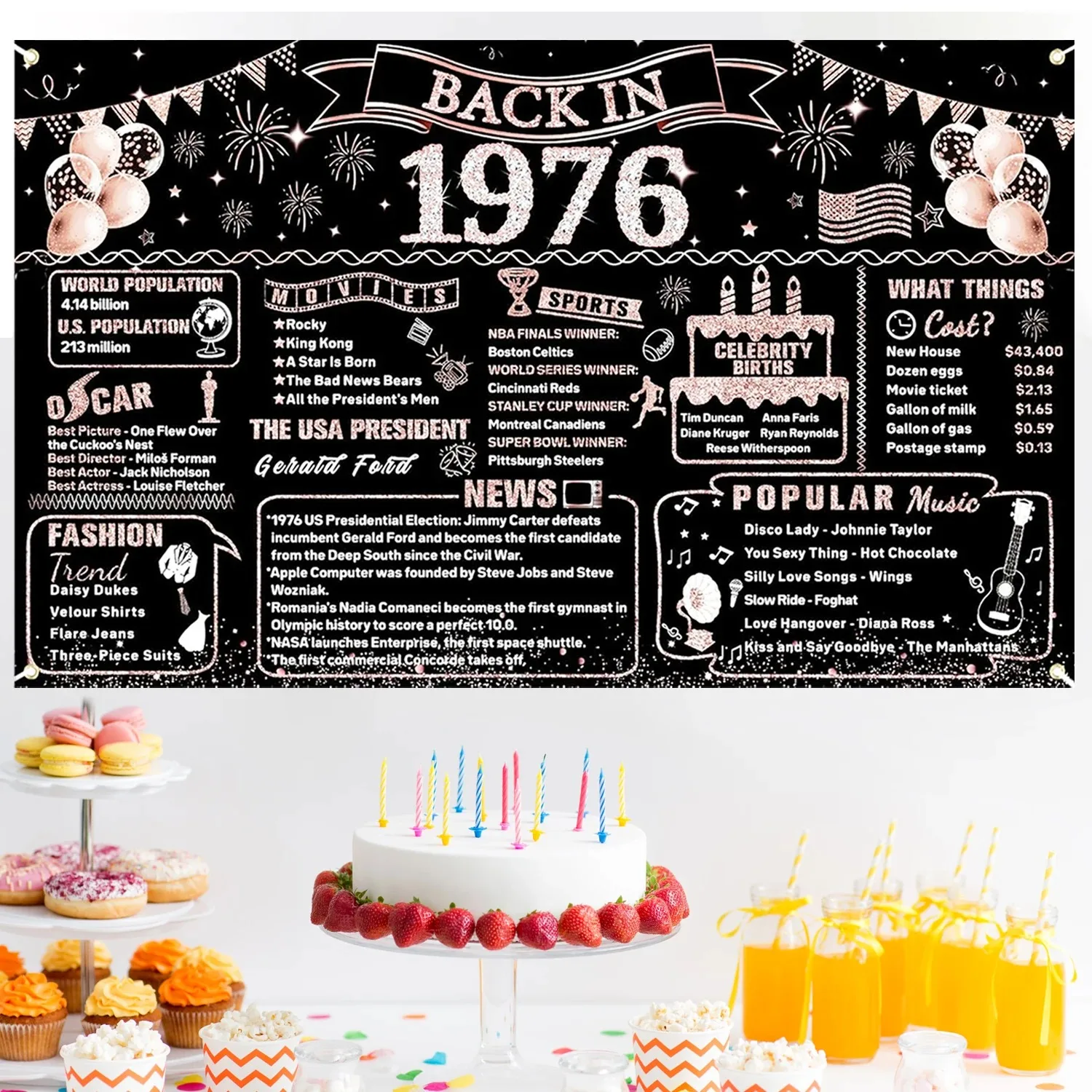 Rosegoldener Hintergrund zum 50. Geburtstag 1976, schwarzes Banner zur 50. Geburtstagsfeier, Wanddekoration für Frauen, Geburtstagsparty, Fotokabine