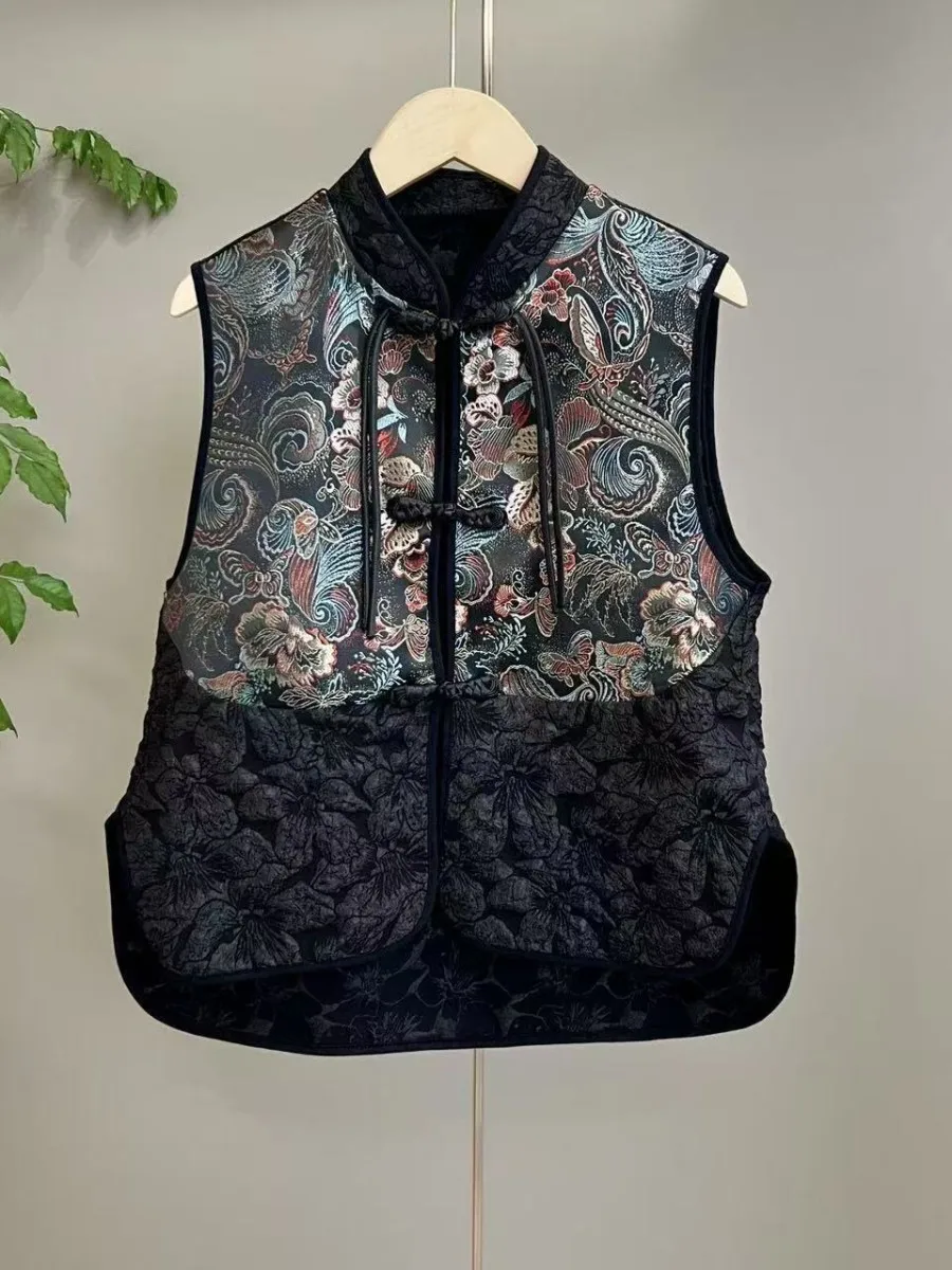新しい中国風の刺繍花柄ベストジャケット黒ツーピースセット春秋のレトロ服yangjing-llzscj