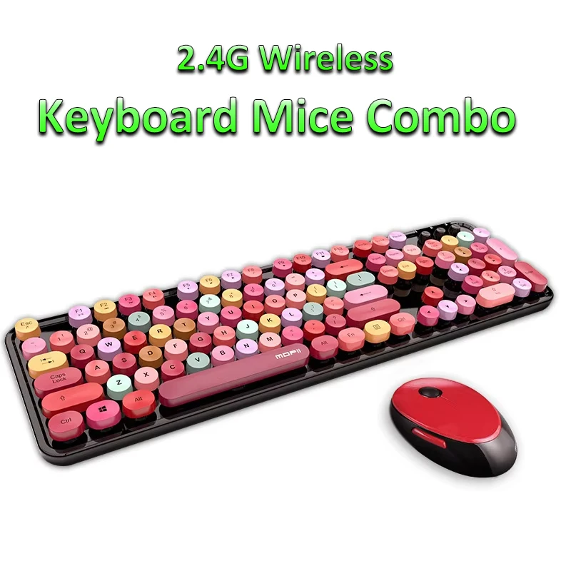 

New Wireless Keyboard Mouse Set Colorful Keyboard with Round Keycaps 2.4GHz Full Size Typewriter Keyboards Mice Combo AA Battery