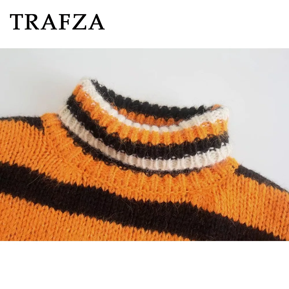 TRAFZA Fashion 2024 Autumn Striped Patch Orange Pullover Turtleneck Oversized Streetwear Women Sweater Winter Casual Knitwear