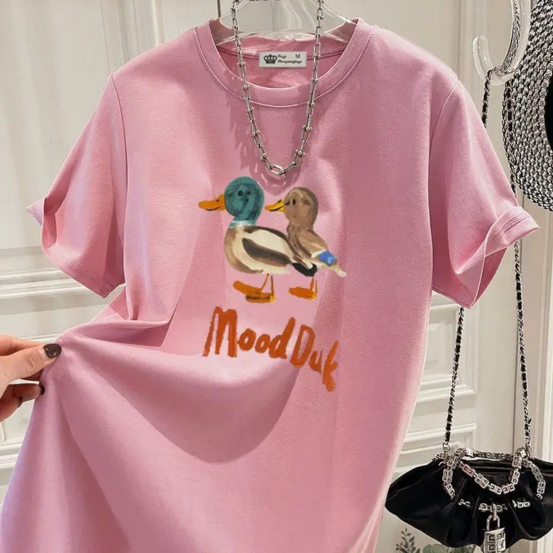夏の漫画アヒル Tシャツ純粋な綿カジュアル基本ヴィンテージトップス女性服 O ネック半袖ファッションプリントプルオーバー