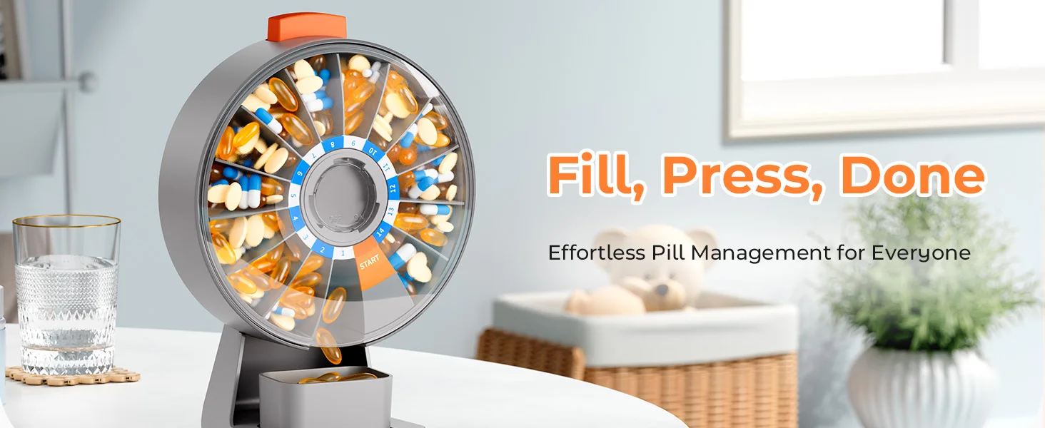 14-Tage-Pillenorganizer Wandmontage oder Freistehend, Großer Druckknopf-Pillenspender für Vitamine Medikamente Nahrungsergänzungsmittel, Grau – Detail 1