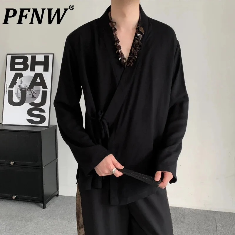 

PFNW New Chinese Style Men's T-shirts Cross Collar Solid Color Long Sleeve Lace-up Loose Male Tees New Autumn Menwear 12C938