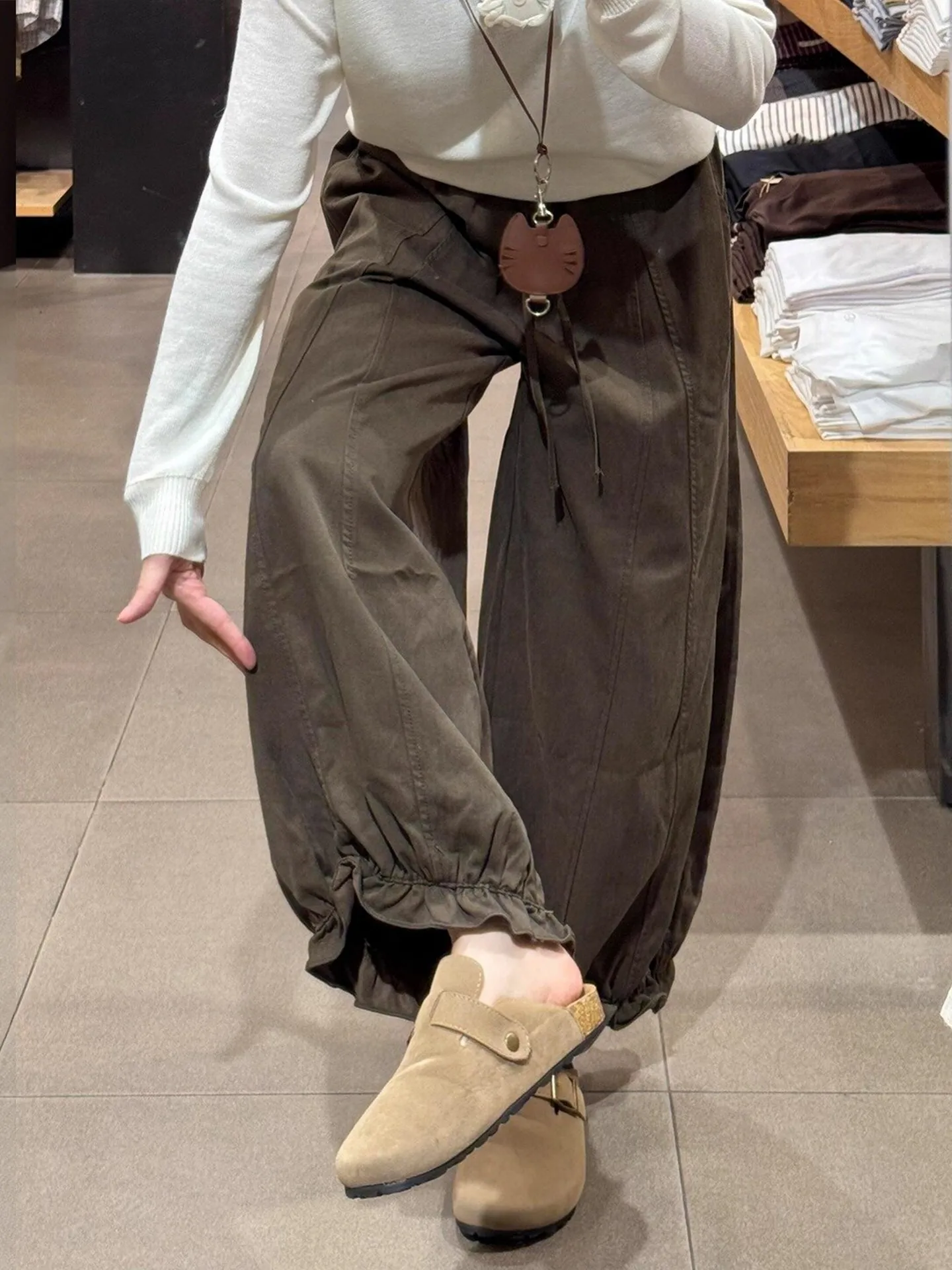 

Женские свободные брюки-клеш с широкими штанинами, укороченные, в корейском стиле, с высокой талией, для повседневной носки и работы, ранняя осень