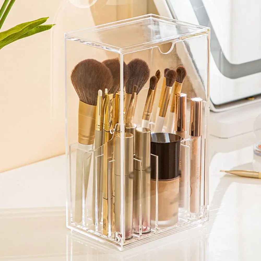 Transparent Makeup Display Rack with Lid Flip-Top Makeup Brushes Holder 17 Slots Portable Cosmetics Tools Organizer Travel