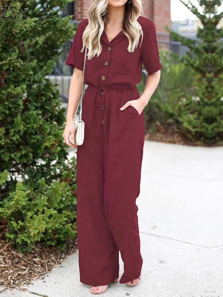 ZANZEA Summer Floral Print Jumpsuits Women Wide Leg Overalls Lapel Neck Short Sleeve Long Rompers Loose Vintage Casual Playsuits