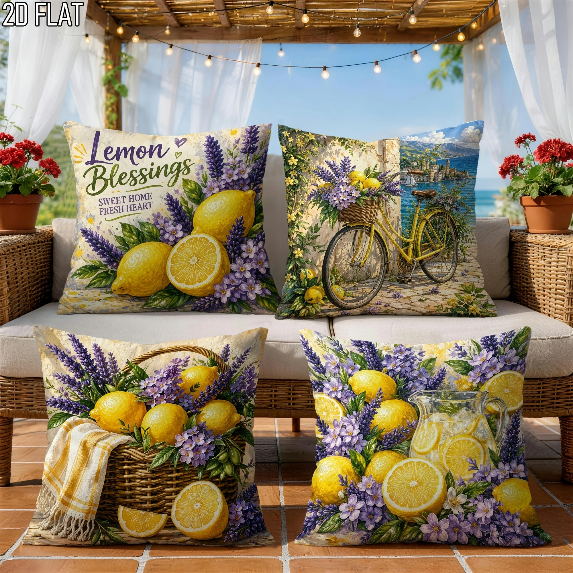 Set of 4 Printed Lemon Lavender Summer Throw Pillow Covers Polyester Decorative Cushions Spring Harvest Seasonal Home Decor Gift