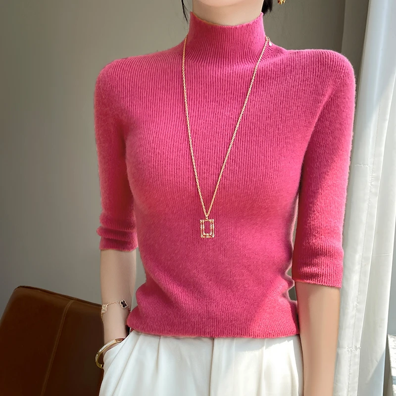 

Casual Women Sweater 2025 Harl Sleeve Solid Slim Fit Solid White Pullovers Mock Neck Bottoming Shirts Fashion Korean Pullovers