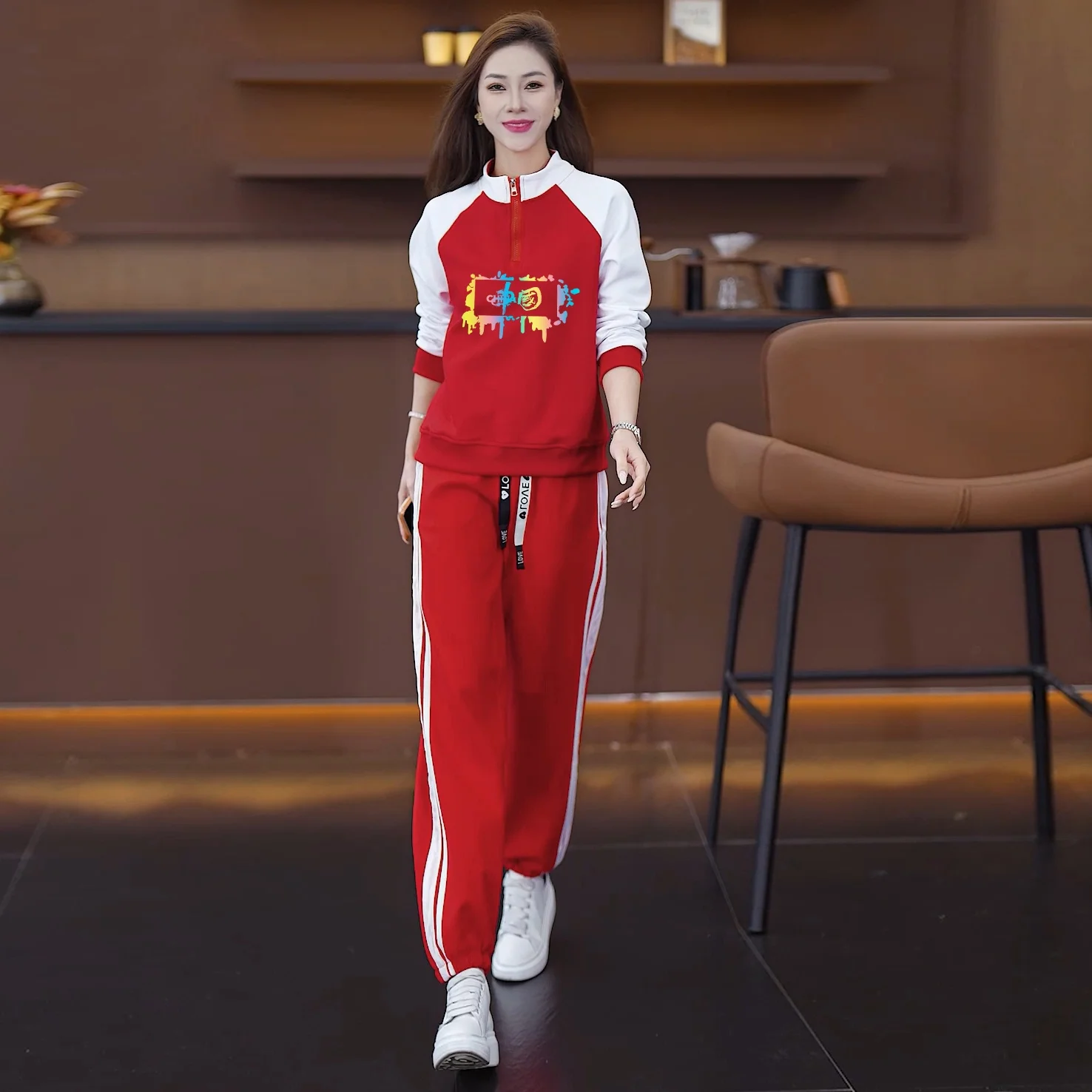 Red Casual Sportswear Set for Women Large Size Fitn Operation Square Dance Clothing Long Sve Stand Collar Two Piece Suit