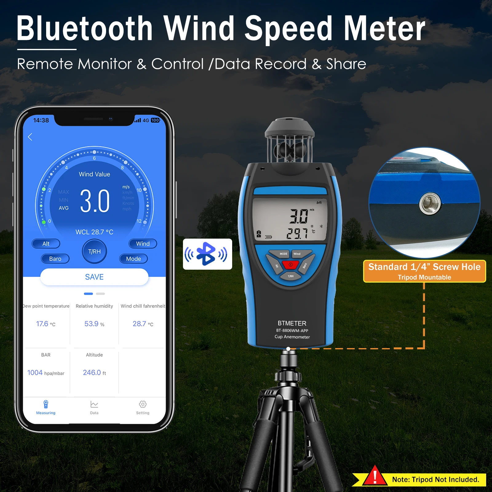 BTMETER 0,3 ~ 42 m/s cyfrowy anemometr, prędkość wiatru Bluetooth, HVAC Avg objętość powietrza, wysokość CFM, ciśnienie barometryczne, 8806-WM-APP