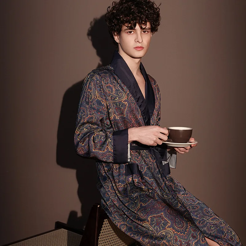 

Men Summer Autumn Ice Silk Print Satin Bathrobe Kimono Gown Long Sleeve Home Robe