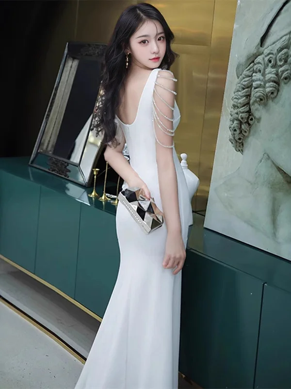 Ele lange asymmetrische fi-staartjurk witte avondjurk voor ceremoniehost sexy polyester stof midden taille rits