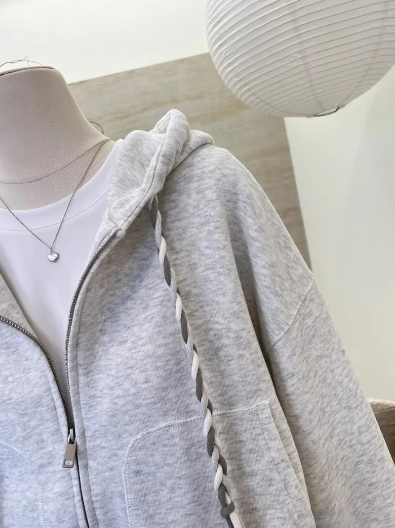 Braided Drawstring Cropped Zip Up Women's Hoodies Solid Color Long Sleeve Sweatshirt Spring Autumn Casual Jacket with Pockets