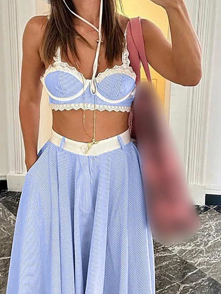 

Женский сексуальный комплект из топа с открытыми плечами и длинной юбки, с полосатым принтом, летний костюм для отпуска, кружевной лоскутный топ-камизоль, пляжный костюм