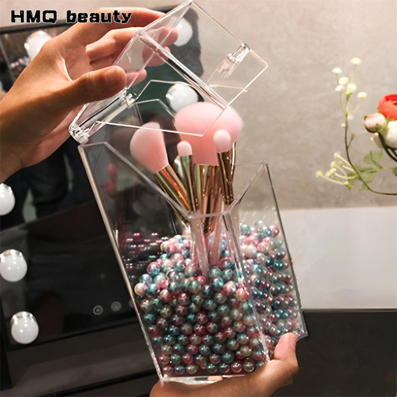 Boîte de rangement pour pinceaux de maquillage à couvercle rabattable, organisateur transparent en acrylique pour crayons à sourcils, support de bureau anti-poussière pour outils de beauté
