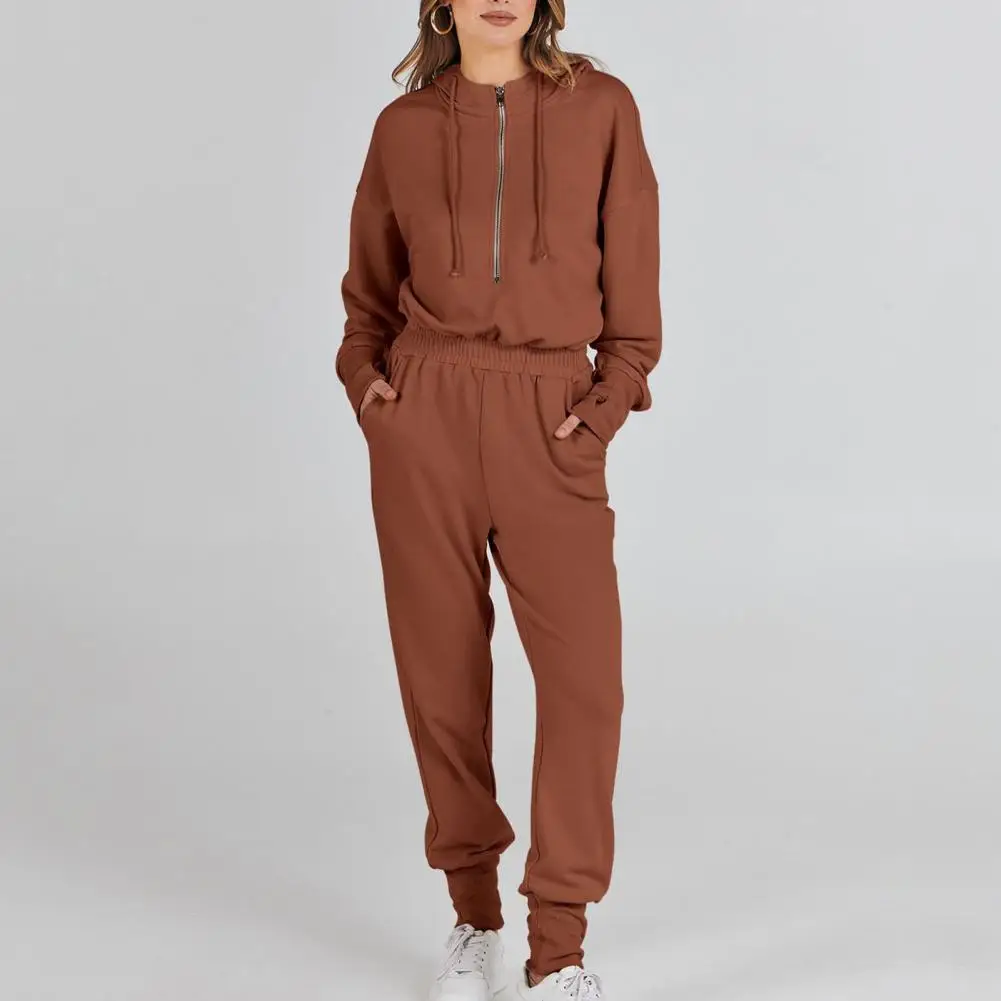 

Sporty Style Jumpsuit Sporty Hooded Women's Jumpsuit with Elastic Waist Drawstring Long Sleeve Ankle-banded Fake Two-piece