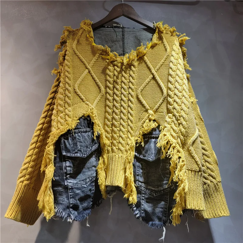 

Осень 2024, новый джинсовый лоскутный вязаный пуловер для женщин, свободный утягивающий винтажный модный топ