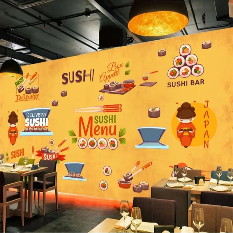 Custom Japanese Sushi Restaurant Yellow Background Mural Wallpaper 3D Cartoon Sushi Menu Theme Industrial Decor Wall Paper 3D