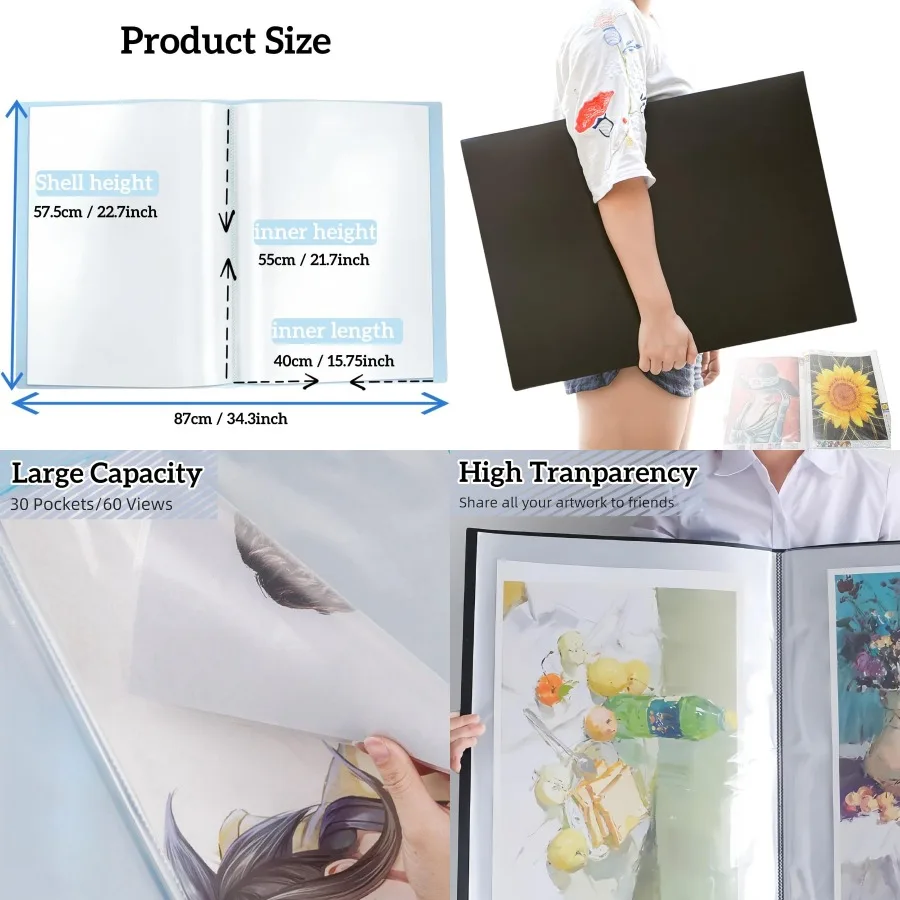 Livro de armazenamento MOTEERLLU A2 projetado para pinturas de diamantes de 22 x 15 polegadas: solução de armazenamento organizada com 30 mangas de bolso e Po