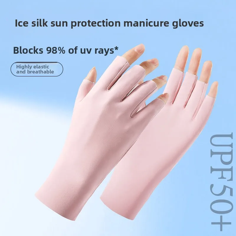 Women Summer Nylon Ice Silk Half Finger Gloves UPF50+ UV Protection Sunscreen Thin For Outdoor Driving Manicure Student
