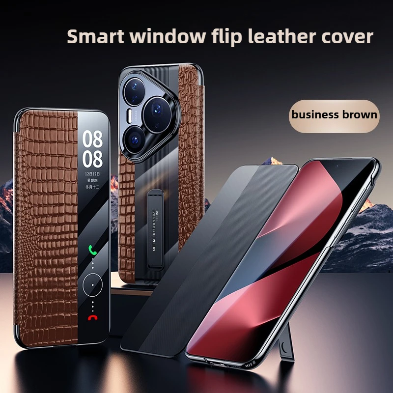 

Flip Cover with Stand for Huawei Pura 80 Ultra Case Crocodile,Lychee Pattern Smart Window Genuine Leather Case for Pura70 Ultra