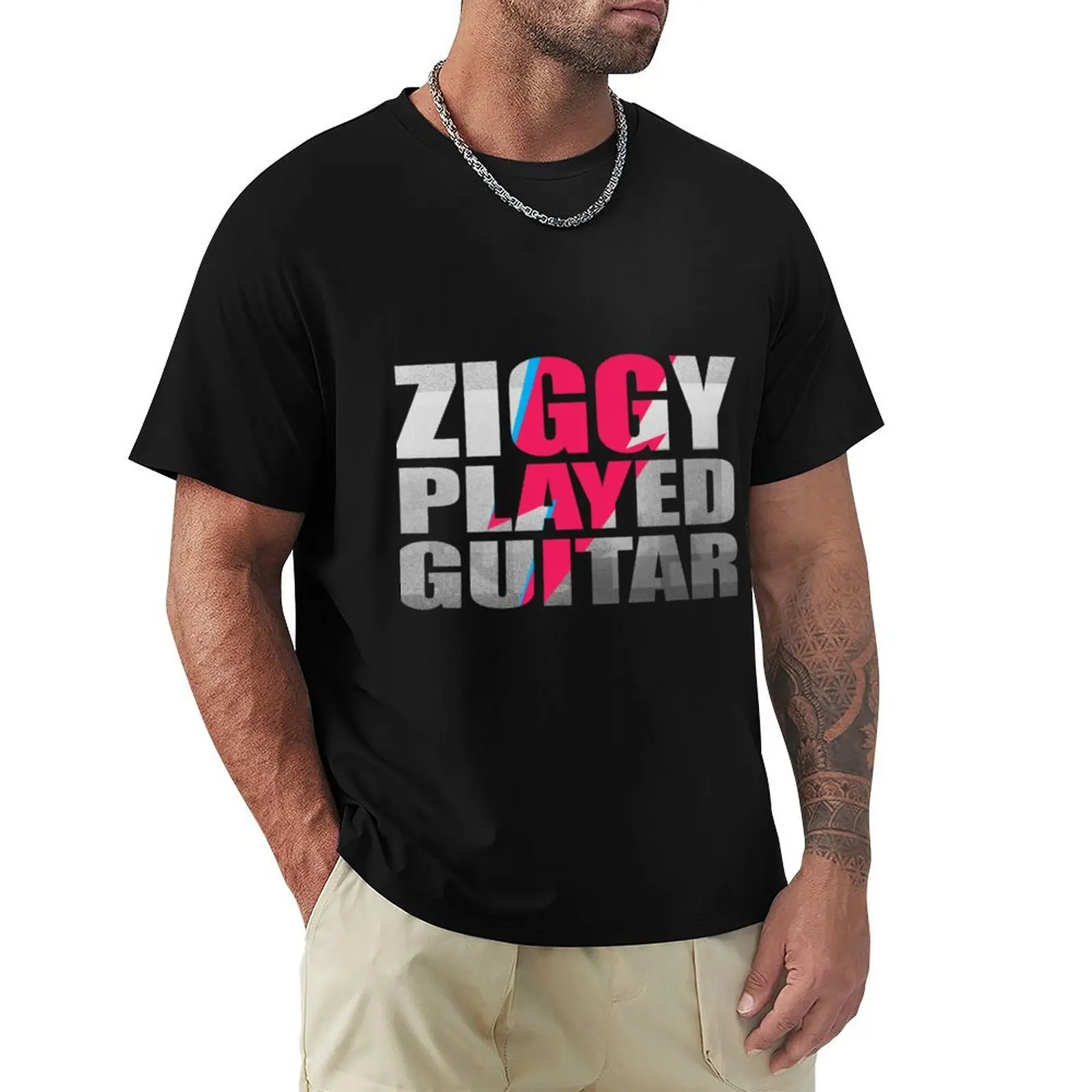 ZIGGY PLAYED GUITAR #ON BLACK T-Shirt Basic Solid Tee for Daily Use