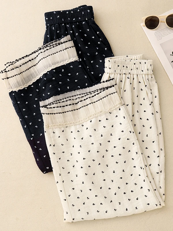 Pantalones de pierna ancha con estampado de retazos y ribete de encaje, cintura elástica, pantalones largos informales de pierna recta, ropa de verano de talla grande para mujer...