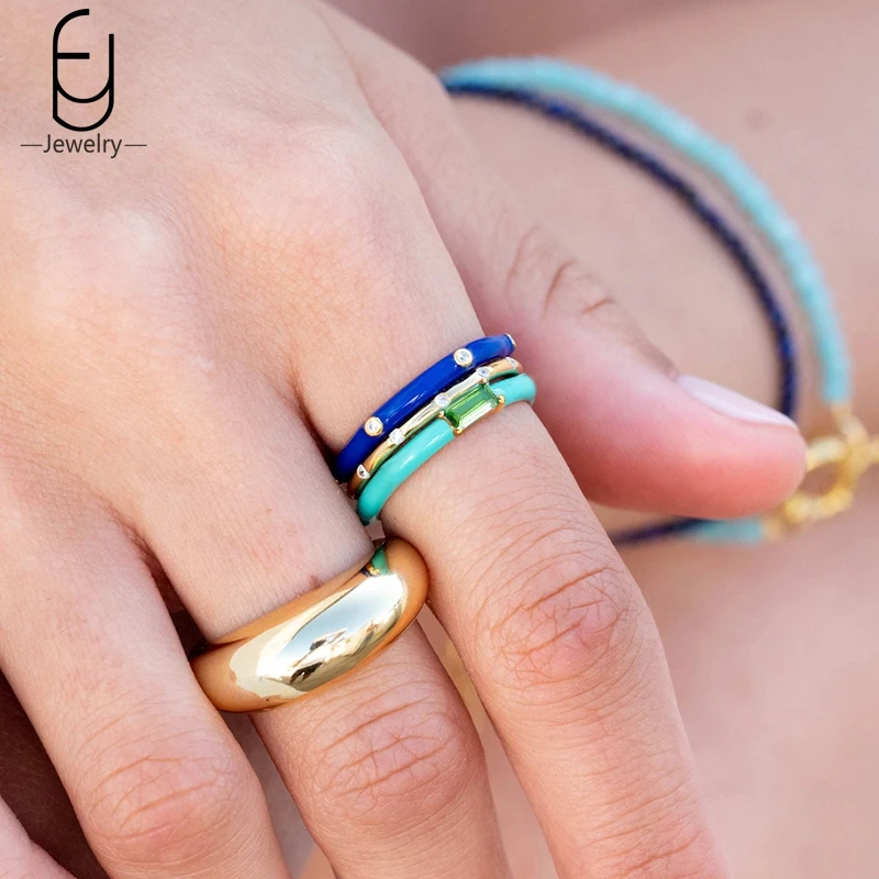 Colorful Enamel Summer 18K Gold Rings Shiny Moissanite Rings Fashion Wedding Engagement Rings for Women Party Trend Jewelry