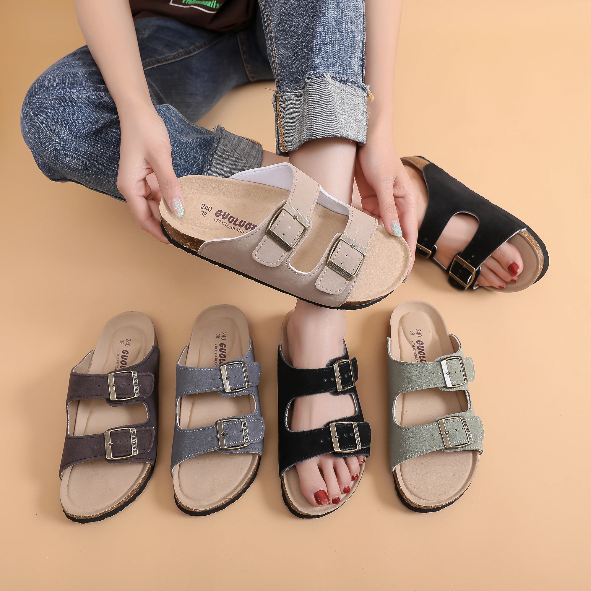 Unisex Flat Sandals with Suede Insole, Open Toe Adjustable Slides for Summer flip flops ,leather slippers