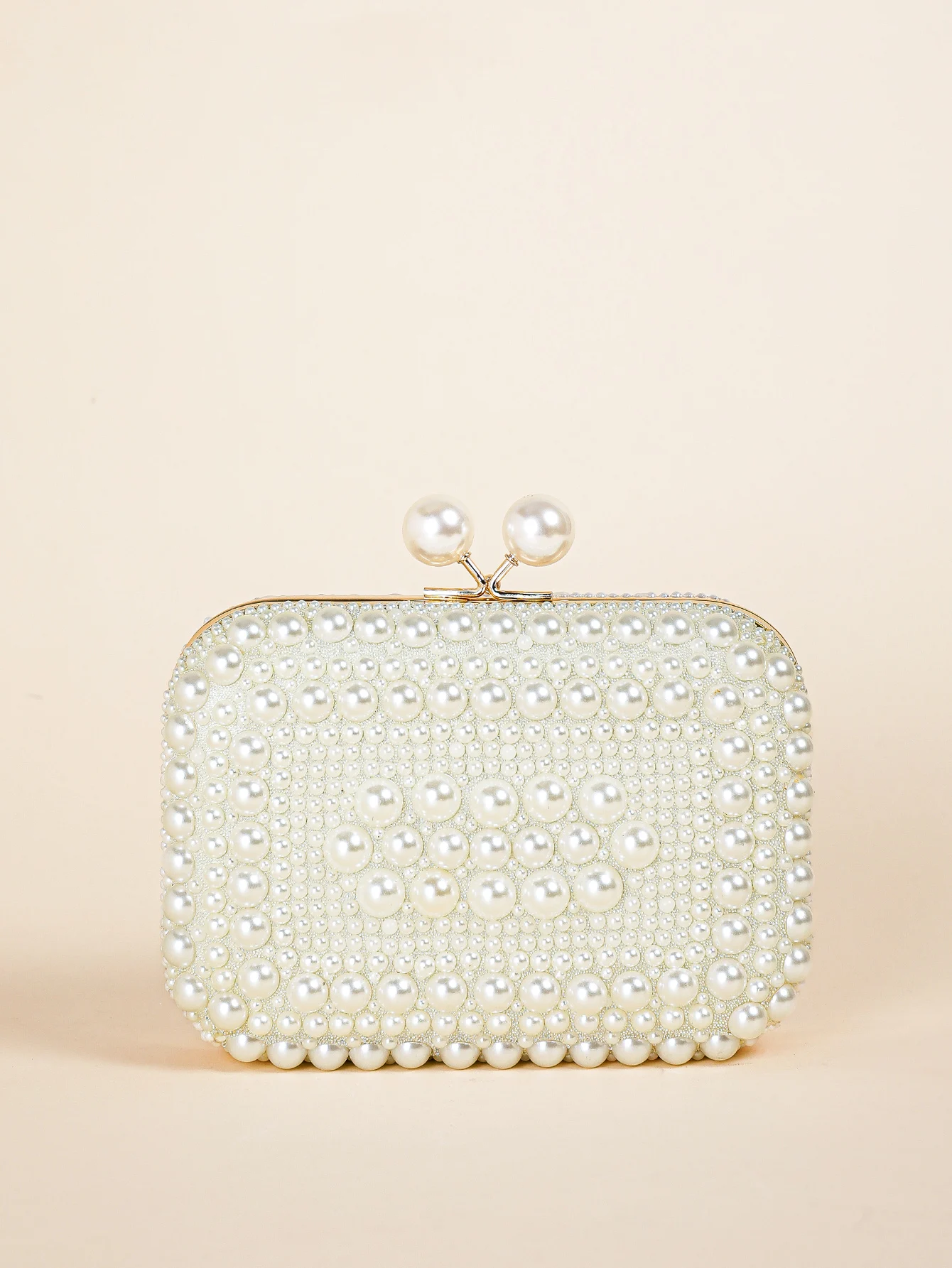 Glamorous Overall Pearl Beads Glossy Kiss Lock Metal Chain Clutch Box, Elegant Textured Frame Wedding Purse, Party Prom Dinner E