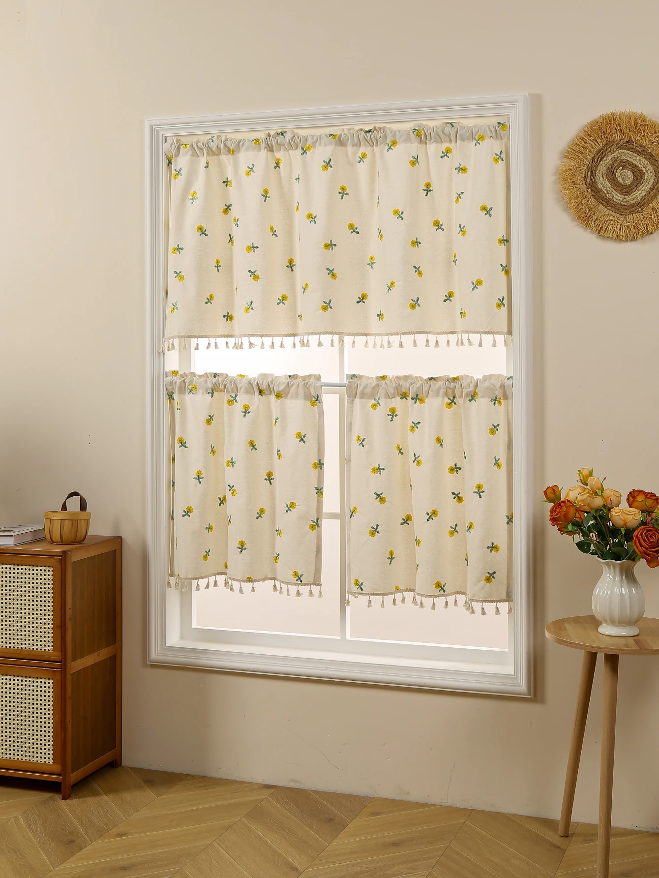 1PC Sunflower Embroidery Short Curtains Living Room Kitchen Window Decorative Small Curtain, Cabinet Partition Blocking Curtains