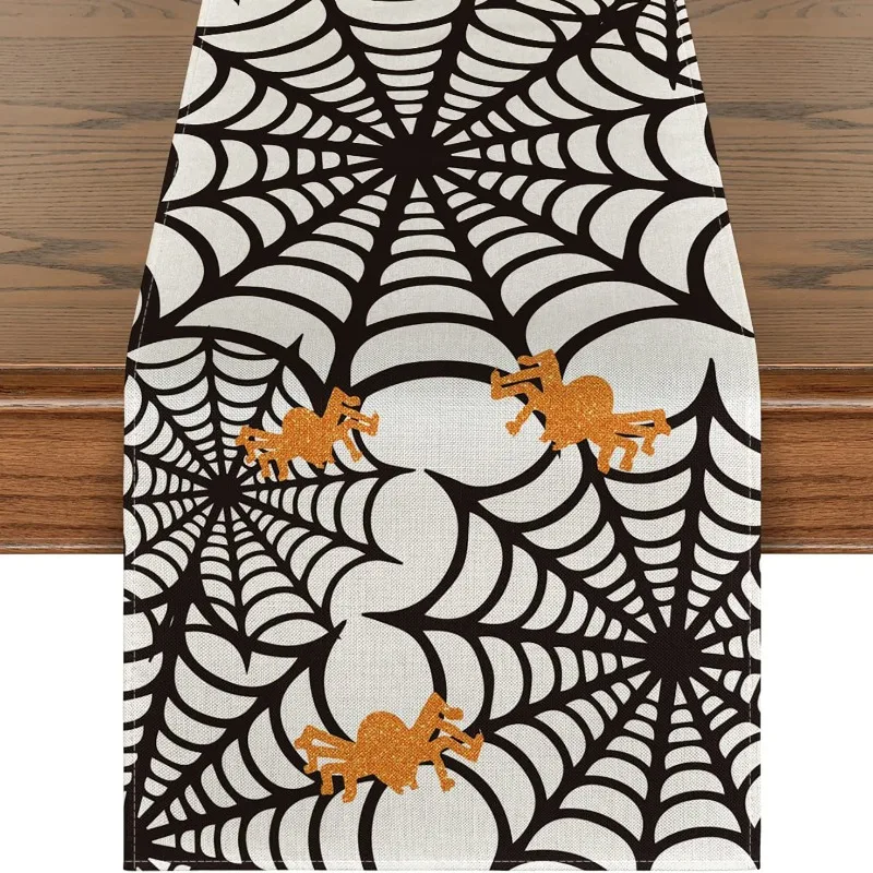 Linen Halloween Table Runner Pumpkin Spider Web Skull Dining Table Decoration Scary Table Cover for Halloween Dinner Party Decor