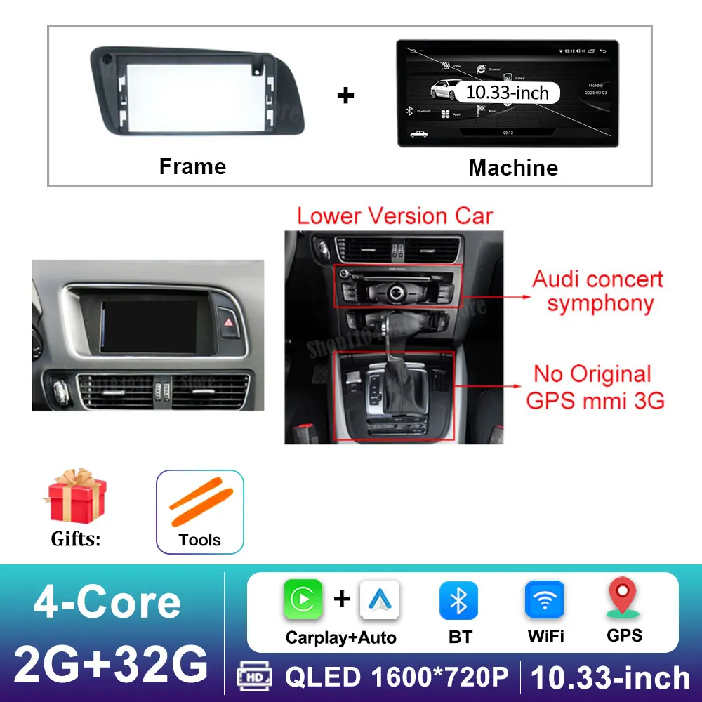 12,3 inch GPS Navigatie Draadloze Carplay Android 16 voor Audi Q5 2009 - 2017 BT Auto Multimedia Video Radiospeler 4G Auto Gereedschap