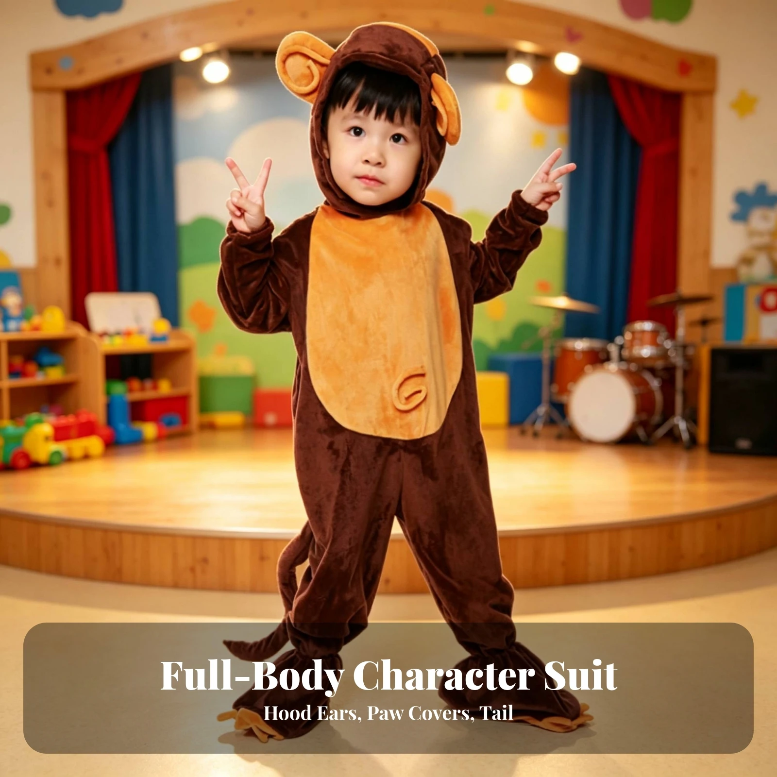 Monkey Costume Full-Body Monkey Costume with Tail Animal Jumpsuit Playful Hooded Bodysuit Comfortable for Families, Halloween