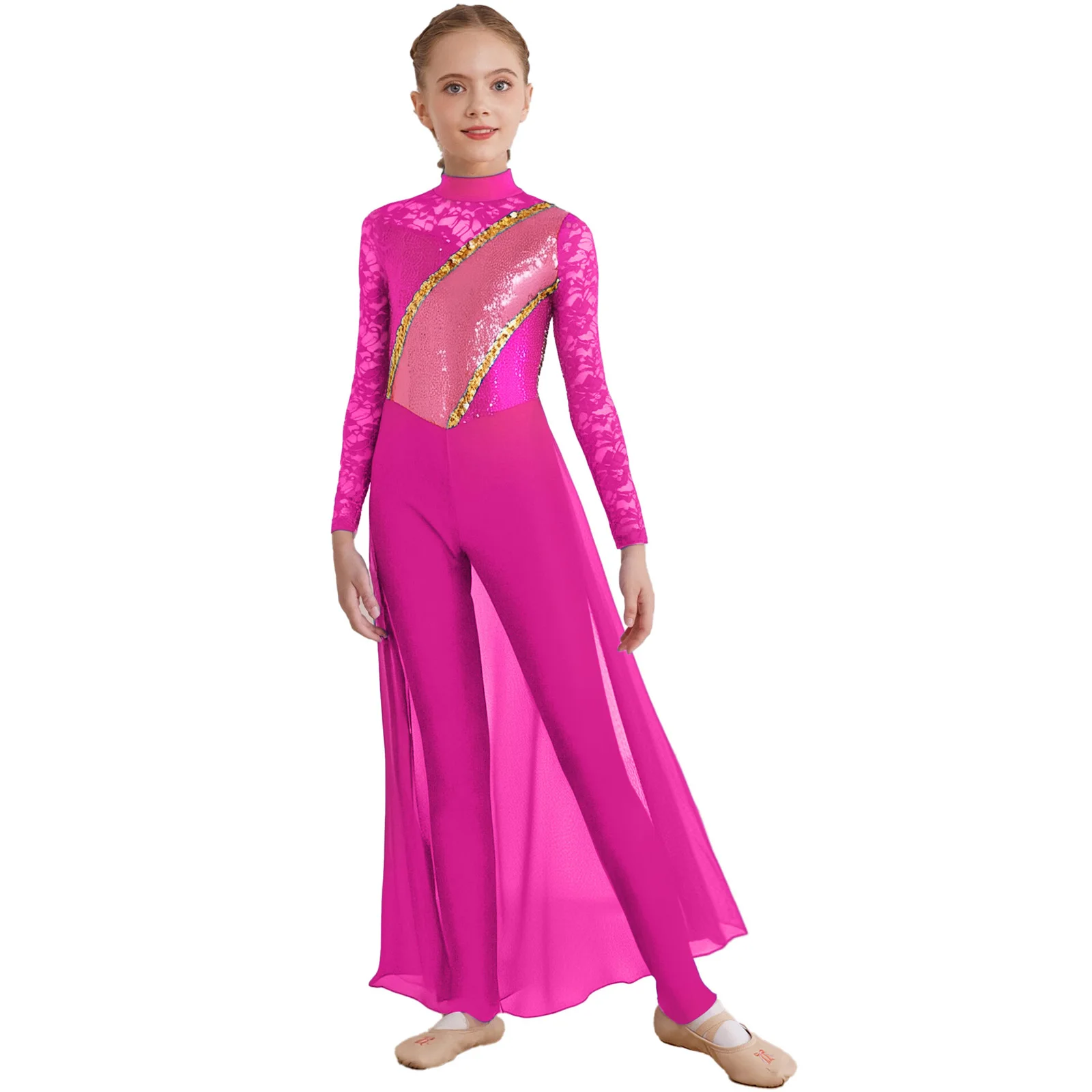 Kids Girls Ballet Gymnastics Romper Figure Ice Skating Dance Jumpsuit Floral Lace Long Sleeve Sequins Skirted Unitard Dancewear